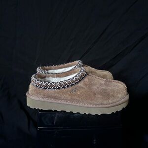 UGG Tan Suede Slip-Ons with Patterned Trim